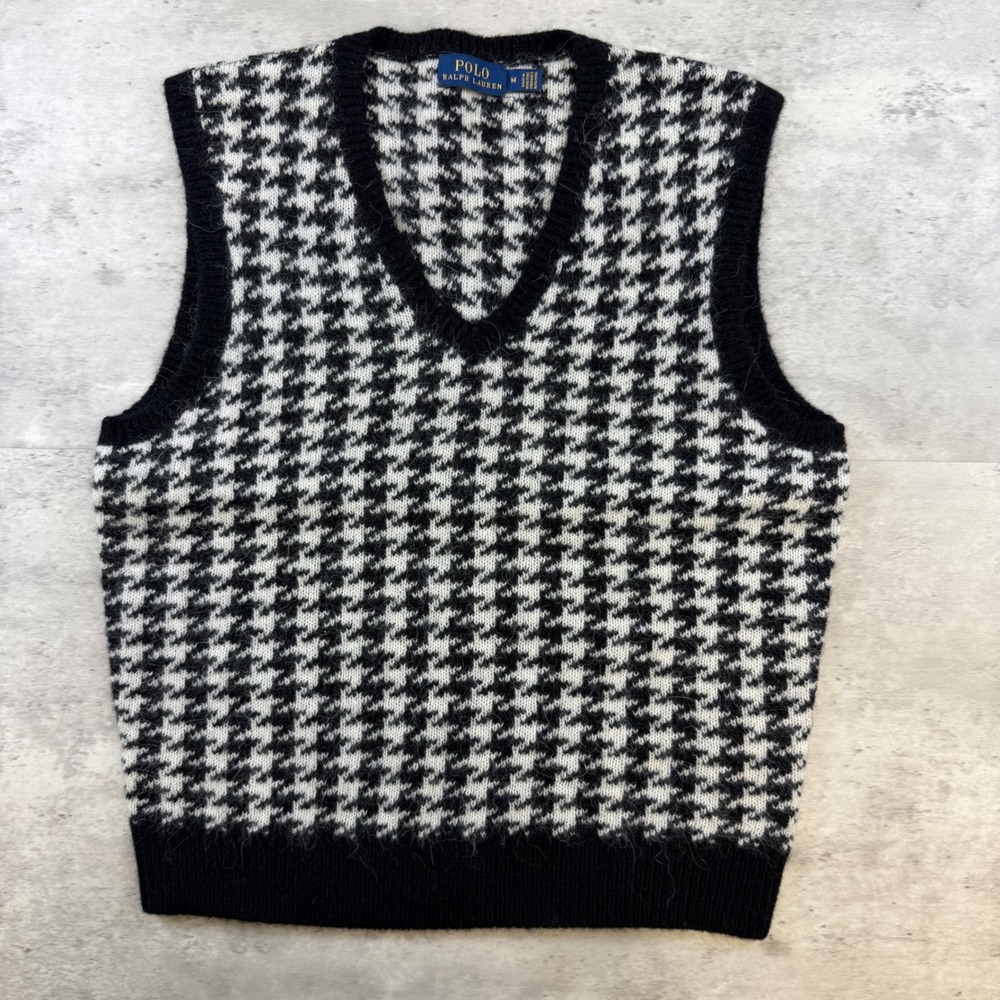 Polo‎ Ralph Lauren Mens Houndstooth Sweater Vest Black White V-Neck Knit Medium